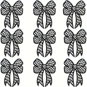 9Pcs Black Racing Bow Iron-On Patches Cute Checkerboard Embroidery Appliques DIY Decals Fashion Accessories for Jeans Jackets Hats Clothing Backpacks