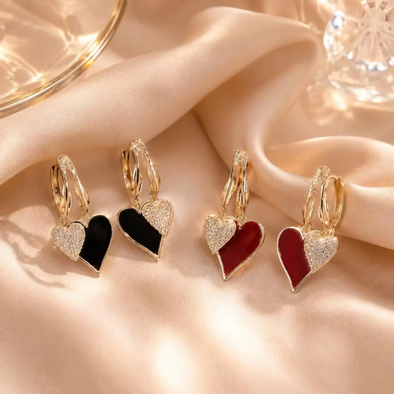 Heart Earrings 2 Pairs Black and Red One Pair Each Elegant Design for Women