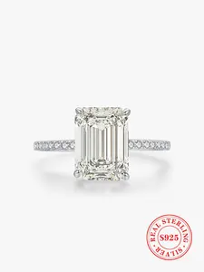S925 Sterling Silver Luxury Rectangle Artificial Zircon Ring, 2024 New Style Fashion Accessories for Women, Trendy All-match & Exquisite Jewelry for Birthday Gift, Elegant Engagement Ring