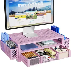 2 Tier Metal Monitor Stand Riser Desk Organizer with Drawer and Pen Holder for Laptop Computer