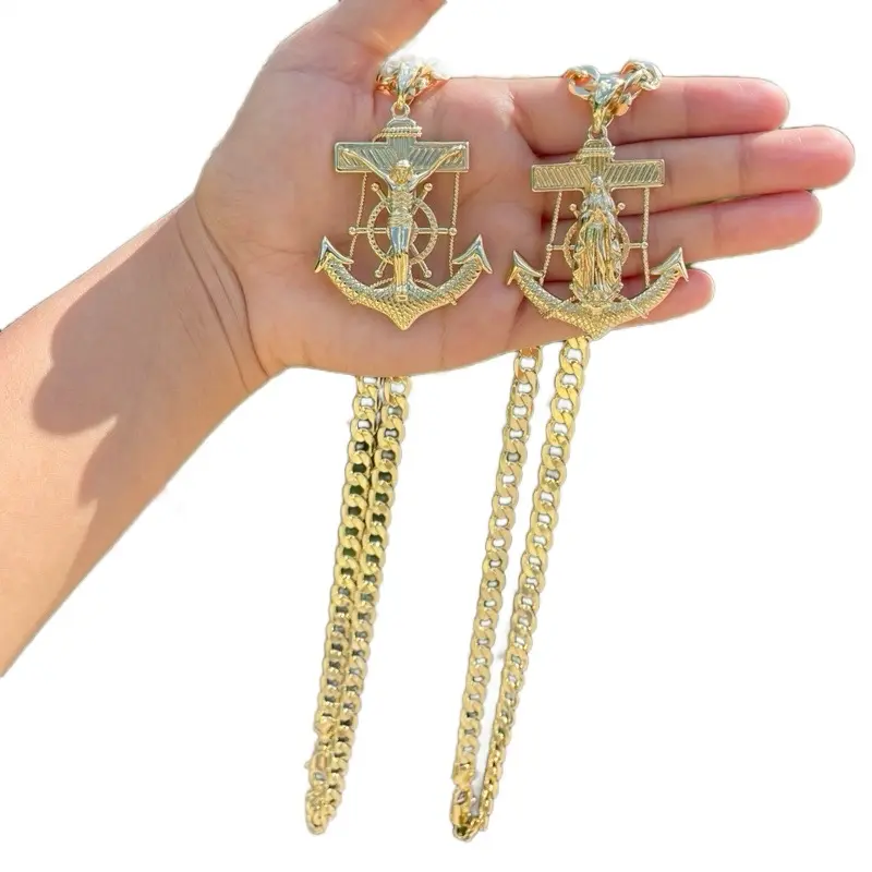 High Quality Cuban Chain Virgin Anchor or Jesus Cross Anchor no green skin Design Virgen de Guadalupe Ancla o Cruz ancla durable jewelry