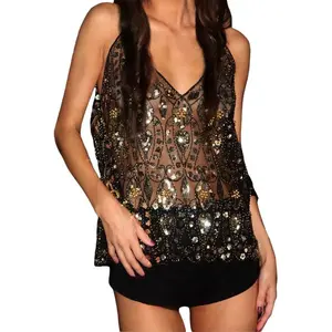 Women's sequined vest spaghetti strap V-neck slim cut vest streetwear women's clothingRAIMENTRY
