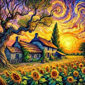 5D DIY Full Drill Round Diamond Painting - Diamond Art Painting Kit Sunflower, Cottage, Spinning Sky Mosaic, Canvas - DIY Decorative Painting, Home Wall Decor, Perfect for Halloween and Christmas, Independence Day, Birthday and Anniversary Gifts.