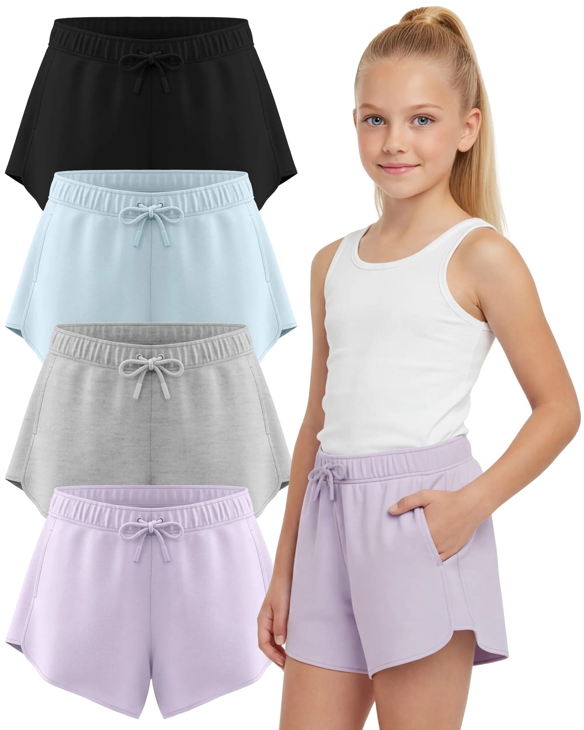 PURE CHAMP Girls' 4-Pack Dolphin Shorts - Lightweight Quick-Drying Scuba Knit Activewear, Breathable Soft Girls Shorts with Side Pockets, Comfortable Mid-Waist Fit, Durable Stretch Fabric for School & Sports, Dolphin Short