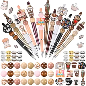 12 Set Beadable Pens Assorted Bead Pens Wood Crystal Round Spacer Set Black Ink DIY Ballpoint for Women Men Gift