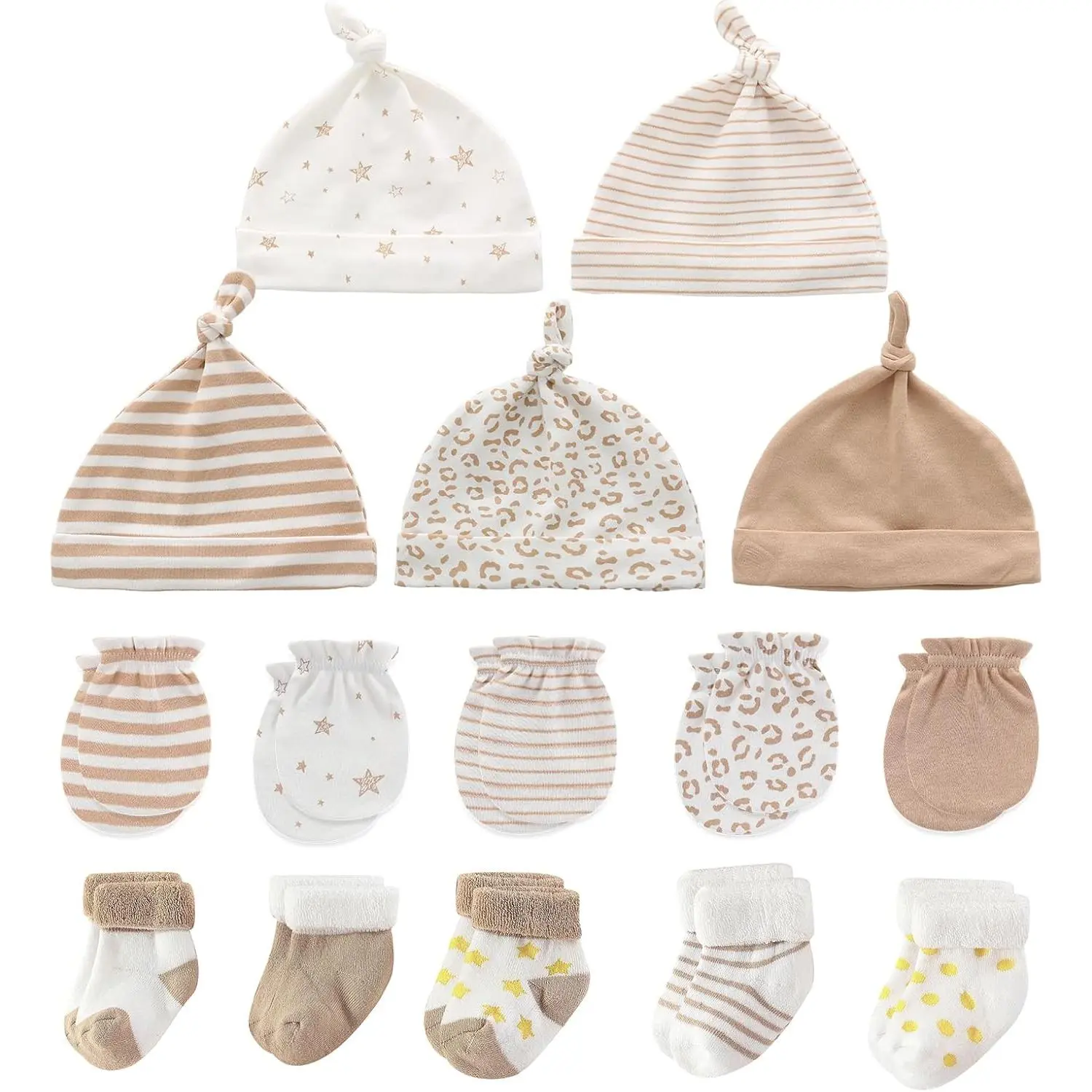 Newborn Variety Gift Set, 15-Piece Soft Cotton Caps, Mittens & Socks with Multiple Prints, Unisex Baby Essentials for 0-6 Months, Newborn Gift Set