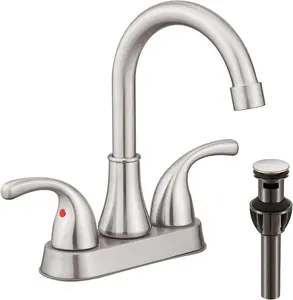 Bathroom Sink Faucet 4 Inch Faucet 2 Handle Bathroom Sink Faucets Lead-Free Brushed Nickel Bath Sink Faucets with Pop-up Drain Stopper and Supply Hoses