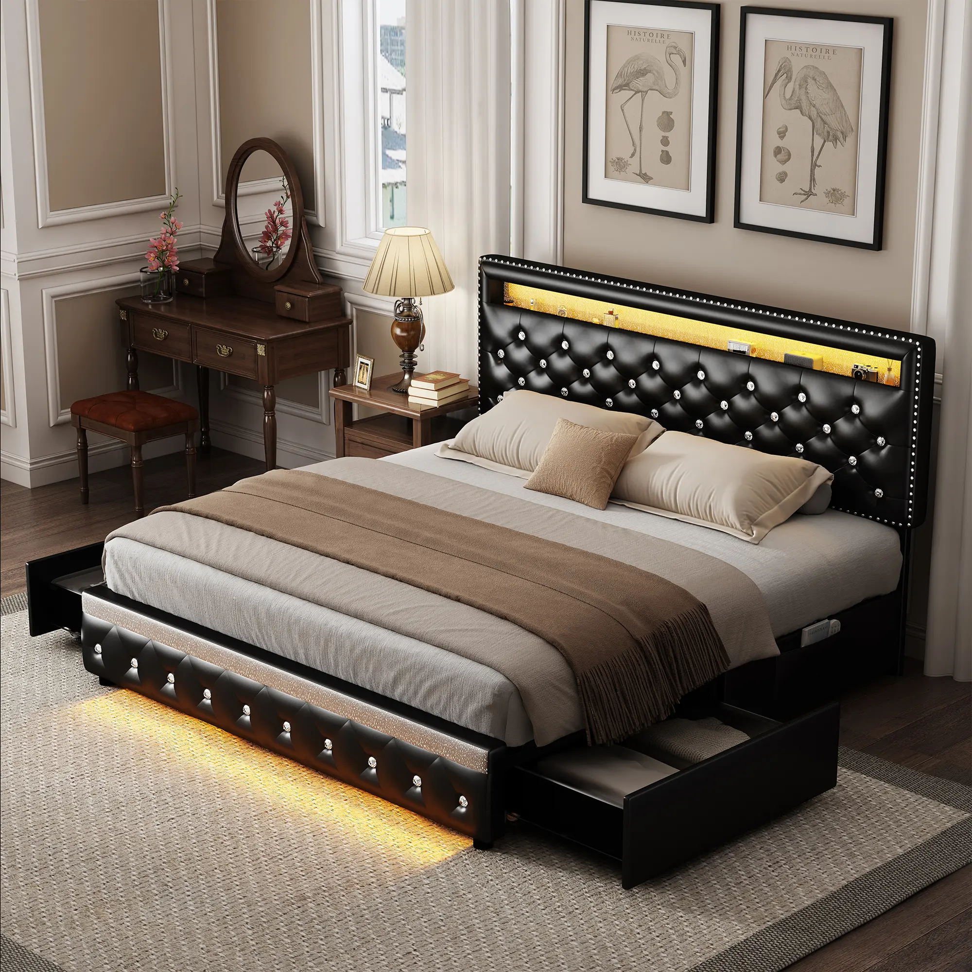 SIBEDS Queen LED Bed Frame with Crystal Tufted Tall Headboard, Luxury Velvet Upholstered Platform Bed with 2 Storage Drawers & Adjustable Headboard, Noise-Free, No Box Spring Needed,Flash Sale Home items, Full/Queen/King Interior Design