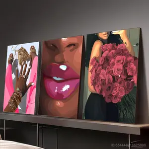 3 Pieces Abstract Frame Canvas Art Prints - Modern Bedroom and Living Room Wall Decor Set, Wooden Frame Posters, Displaying Elegant Female Portraits and Pink Rose Bouquets, Indoor/Outdoor Use, Modern Wall Art |   Vibrant Wall Decor |   Detailed Artwork, W