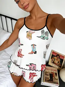 Women's Sleeveless Top & Shorts Pajama Set, Denim Boot Printed, Slim-Fitting Homeewear, All Seasons Sexy Style, Comfortable Lounge Wear, Homewear Loungewear