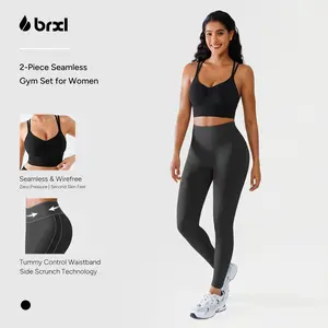 BRXL 【Discount for live】Women's 2-Piece Seamless Gym Activewear Set - Buttery Soft Scrunch Leggings (Sporty Bottoms), Double Strap Sports Bra, Tummy Control, Sporty Sports Bottoms