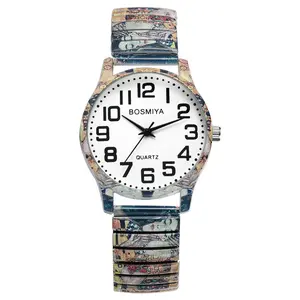 Bohemian Expansion Band Watch - Women’s Easy Reader Large Numbers Analog Quartz Elastic Strap Stretch Band Wristwatch with Gustav Klimt's The Kiss Design for Christmas