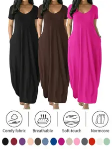 2026 Women's Long Nightgown, Coffee Color, Casual Round Neck, Short Sleeve, Pocket Sleepwear, Soft & Comfortable, All-Season Loungewear