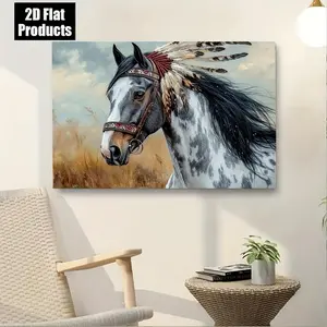 2D Flat, 1pc Western Native American Horse Painting - Gray Horse with Black Mane & White Spots Canvas Wall Art in Wood Frame, Rustic Farmhouse Decor for Living Room, Office, Bedroom - Ready-to-Hang Home Decoration Gift, Horse Wall Art, Office Artwork