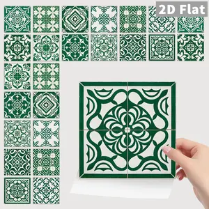24PCS/Box NHZ Dark Green Retro Carved Patchwork Wall Stickers | Crystal Film Peel & Stick Splash Guard | Waterproof Oil-Proof for Kitchen Bathroom Furniture Stairs Tile Sticker Home Decor