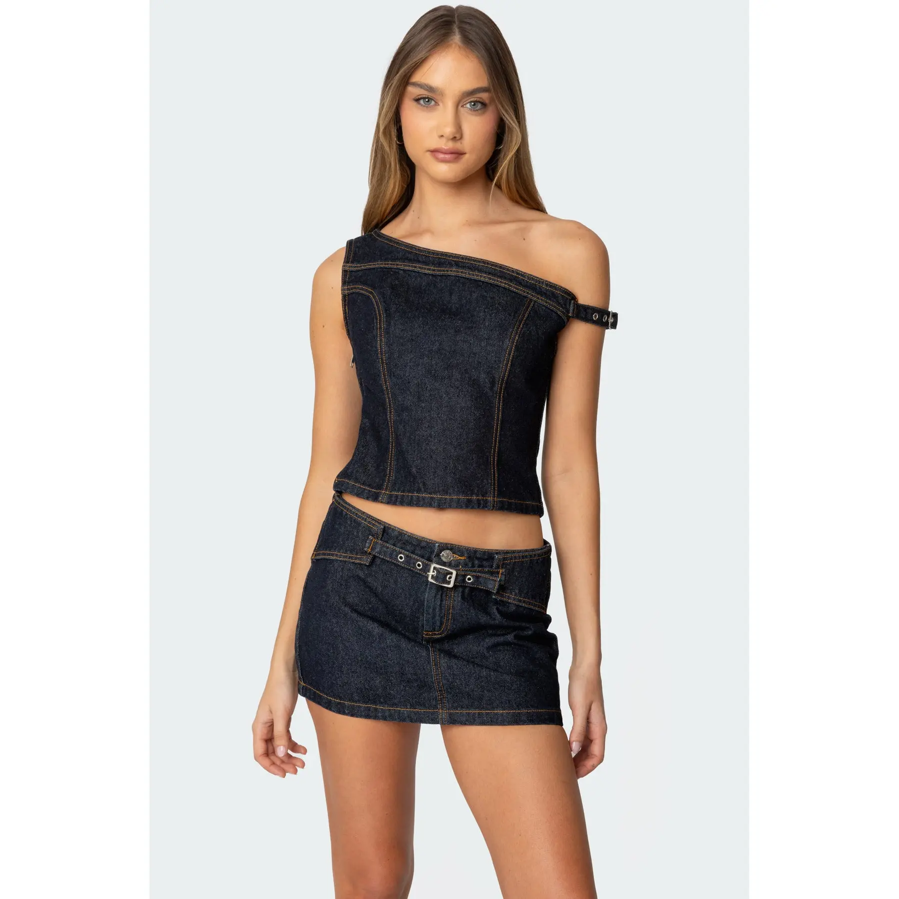 Keira Buckled Asymmetric Denim Top