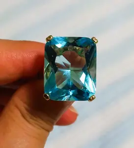 Huge Square Rhinestone Sea Blue Emerald Cut Ring Statement Ring