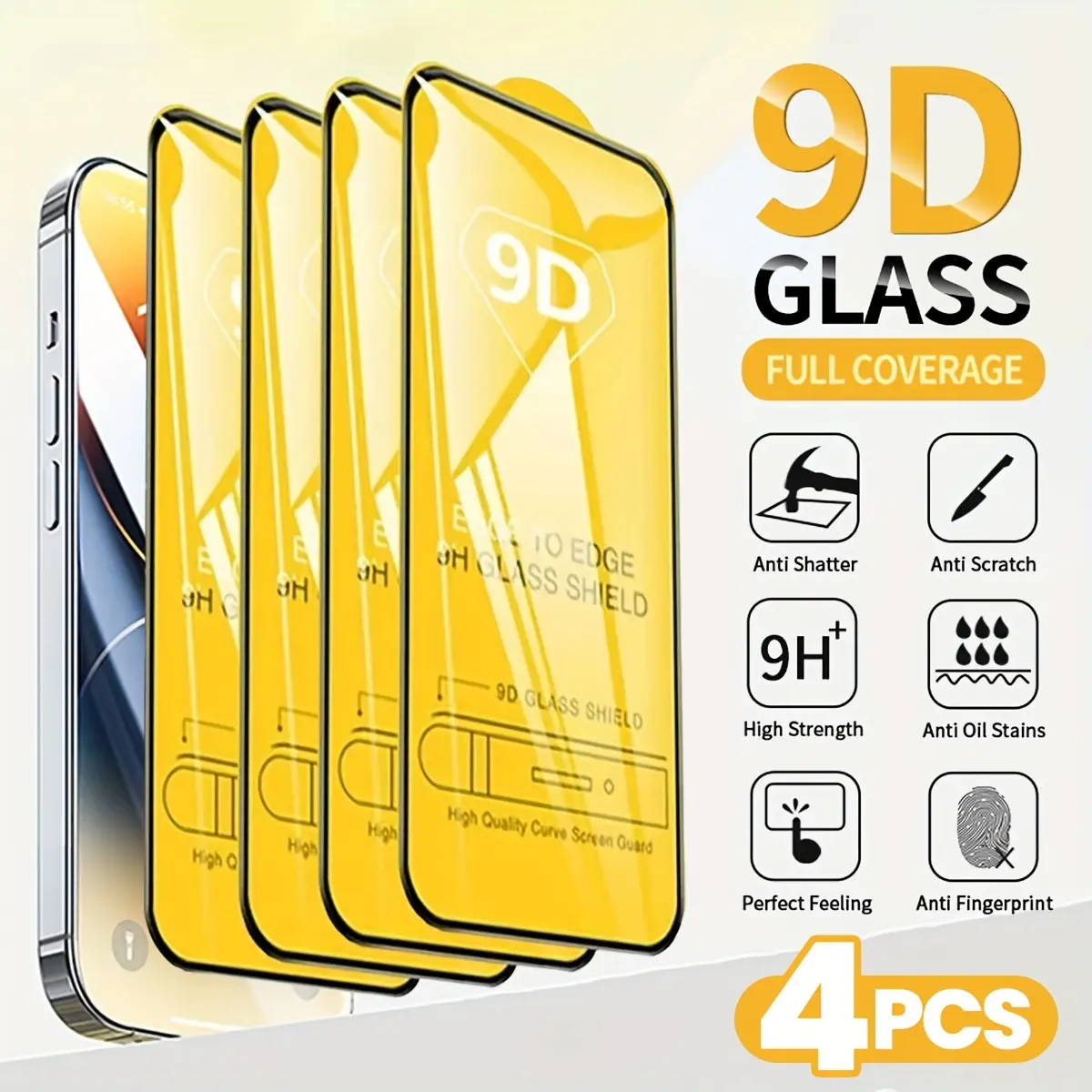 4 Pcs 9D Tempered Glass Screen Protector Compatible With IPhone 17 16 15 14 13 12 11 X XS XR XS MAX Series, High-Definition Glossy Finish, Easy Installation, Scratch & Impact Resistant, Anti-Fingerprint