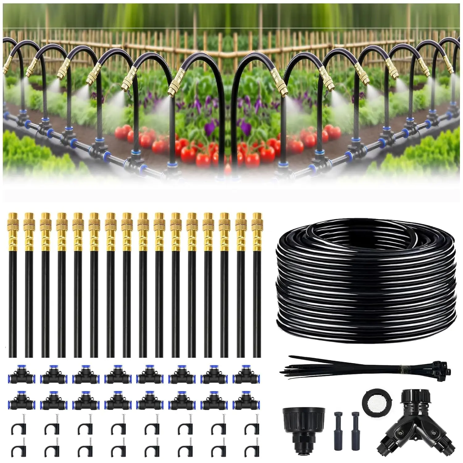 100FT Drip Irrigation System, 1/4 Inch Hose with 360° Adjustable Copper Nozzles – Garden Watering Kit for Lawn, Raised Beds, Greenhouse & Yard