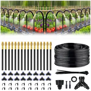 100FT Drip Irrigation System, 1/4 Inch Hose with 360° Adjustable Copper Nozzles – Garden Watering Kit for Lawn, Raised Beds, Greenhouse & Yard