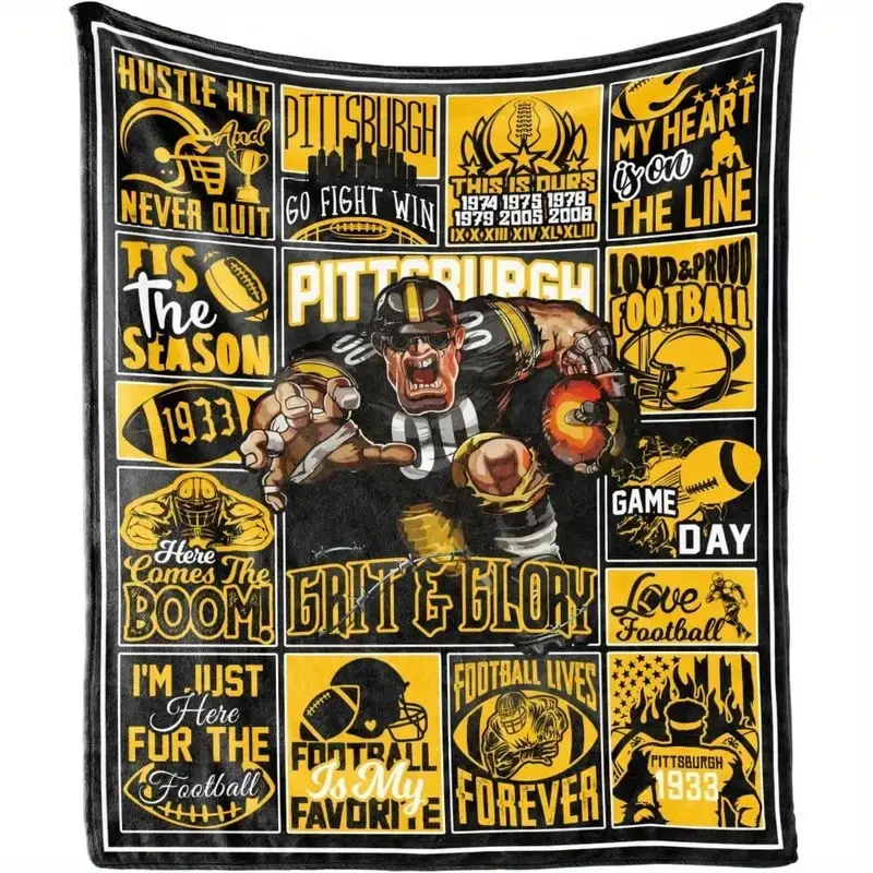 Retro Vintage Pittsburgh Football Themed Flannel Throw Blanket - 280GSM Digital Print Knit Polyester, Super Soft Cozy, Bed & Couch Use, Home Decor, Sports Fan Gift, Football Prints, Room Decor, Circus Sohochic