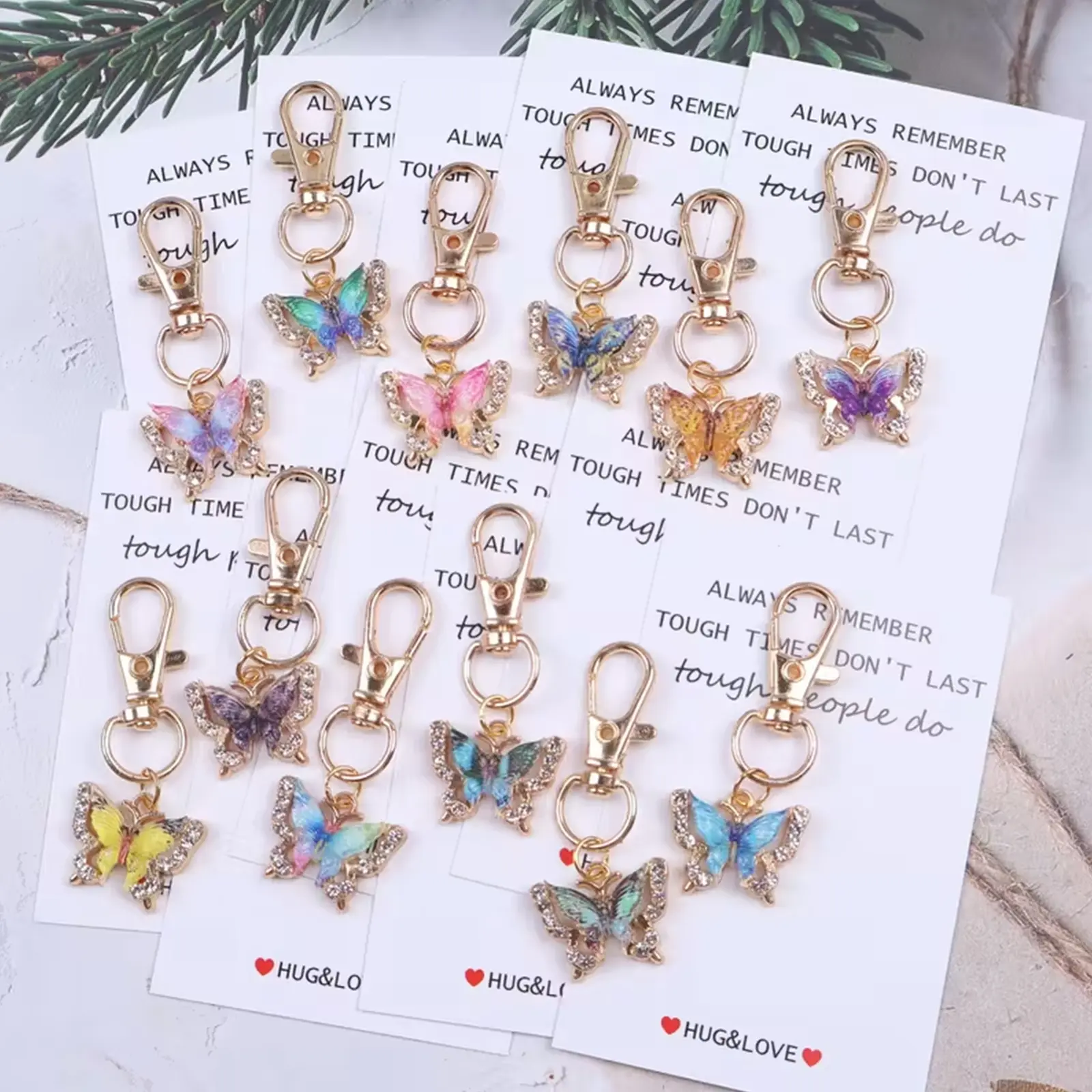 12pcs HUG & LOVE Pocket Hug Token Set, Butterfly Keychain, Alloy Keychain, Key rings with Encouraging Phrases, Pastel Colors, Meaningful Gifts for Women, Men, Birthday, Christmas, Keepsakes for Emotional Support & Positive Affirmation, Keychain Pendant
