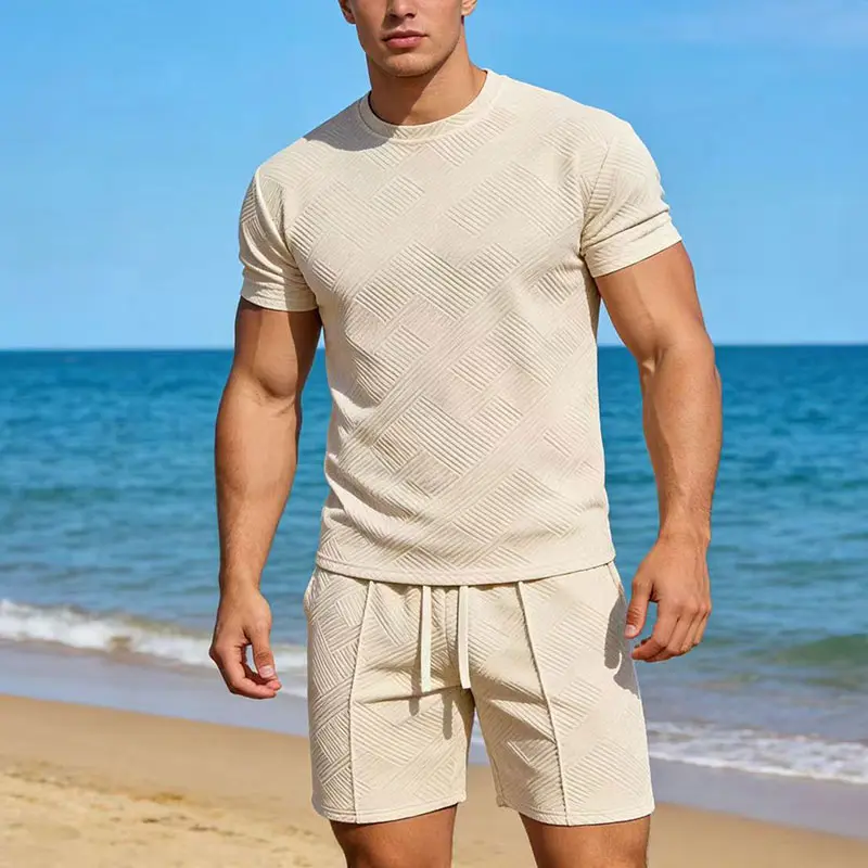 Men's 2-Piece Tropical Menswear Set, Short-Sleeve Round Neck T-Shirt & Loose Casual Shorts, Waffle-Textured Premium Bad-Boy Vibe Outfit for Leisure, Commuting