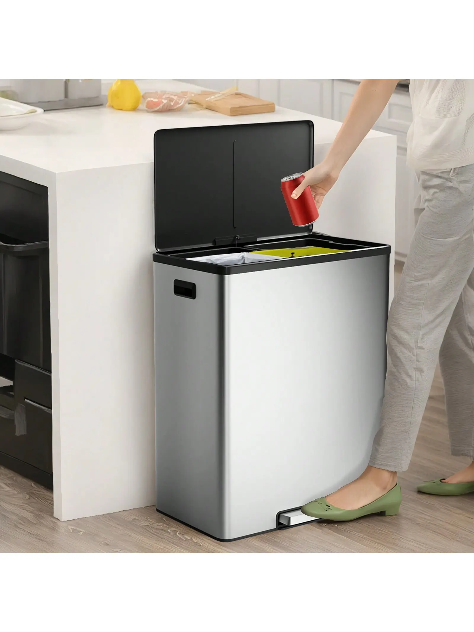 【Christmas Gift】Step Dual Trash Can, 60L/16 Gallon Recycle Bins With Lid, 2 Removable Wastebusket, Step Pedal, Large Stainless Steel Double Trash Bin For Kitchen, Bathroom Automatic Dustbin Cabinet