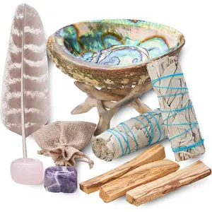 Home Cleansing & Smudging Kit with White Sage, Abalone & Stand, Smudge Feather & Guide - Smudge Kit with Sage Smudge Sticks
