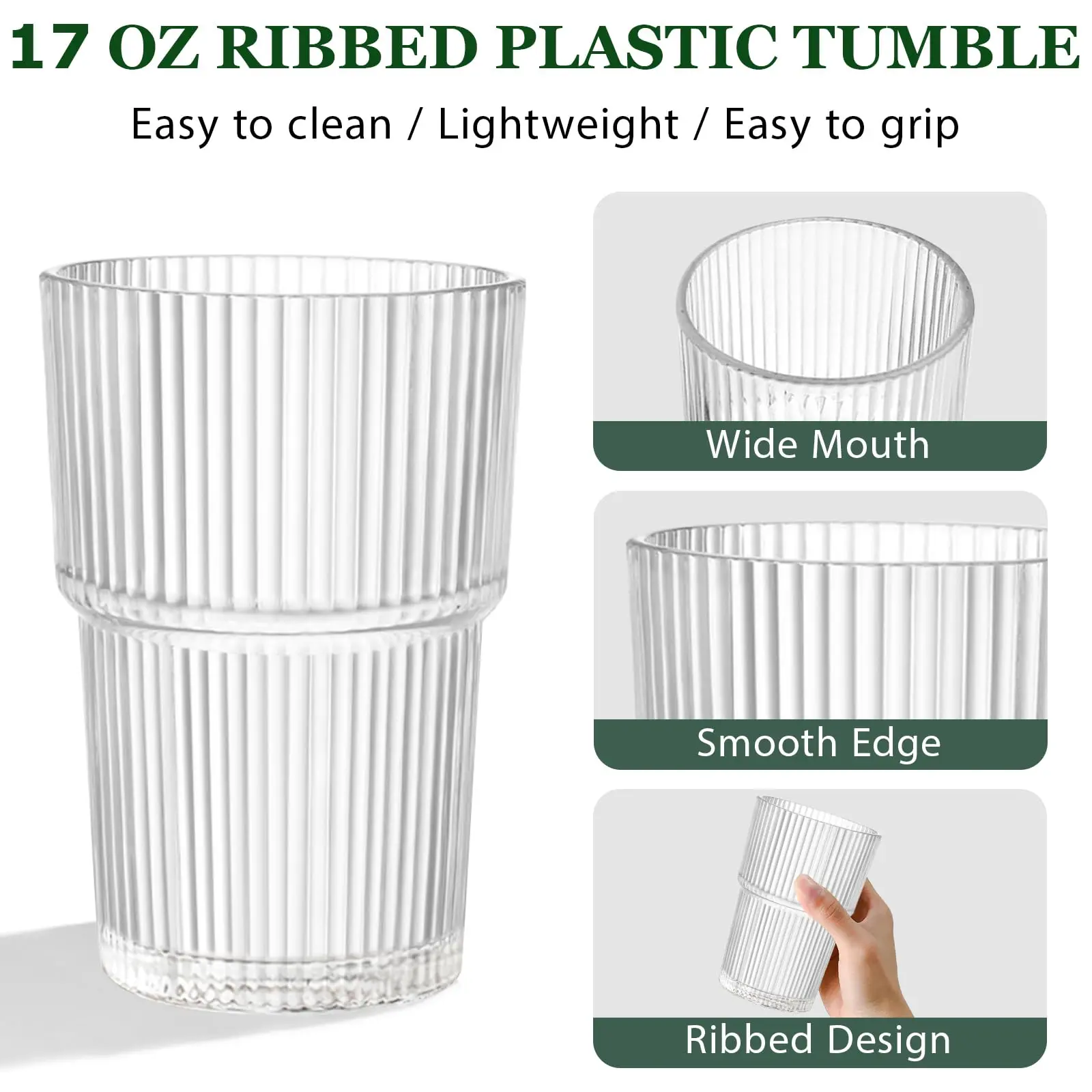 RÉΑLWÁY 17oz Ribbed Acrylic Drinking Glasses, Unbreakable Plastic Tumblers – Dishwasher Safe, Clear Stackable Cups for Kitchen, Reusable Drinkware – Set of 4