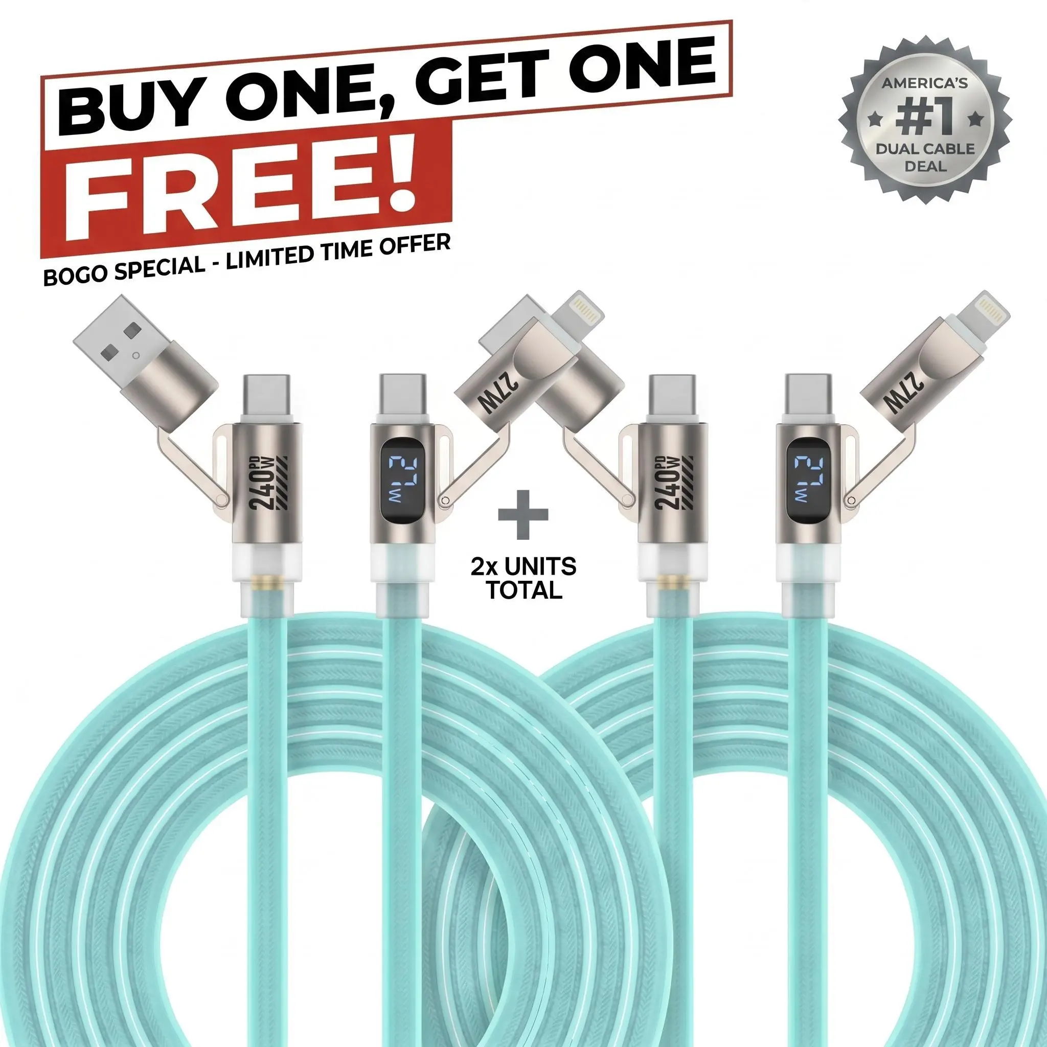 Buy 1 Get 1 Free 240W LED Digital Display 4-in-1 Charging Cable - Liquid Silicone Durable Fast Charging Cord with Real-Time Display, Flame Retardant Braided Connector, USB-C/Lightning for Mobile Phones, Laptops