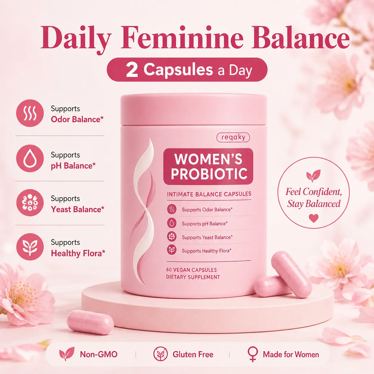 Women's Probiotic Capsules with Prebiotics, Daily Feminine Wellness, pH Balance, Freshness & Gut Health Support, 60 Count