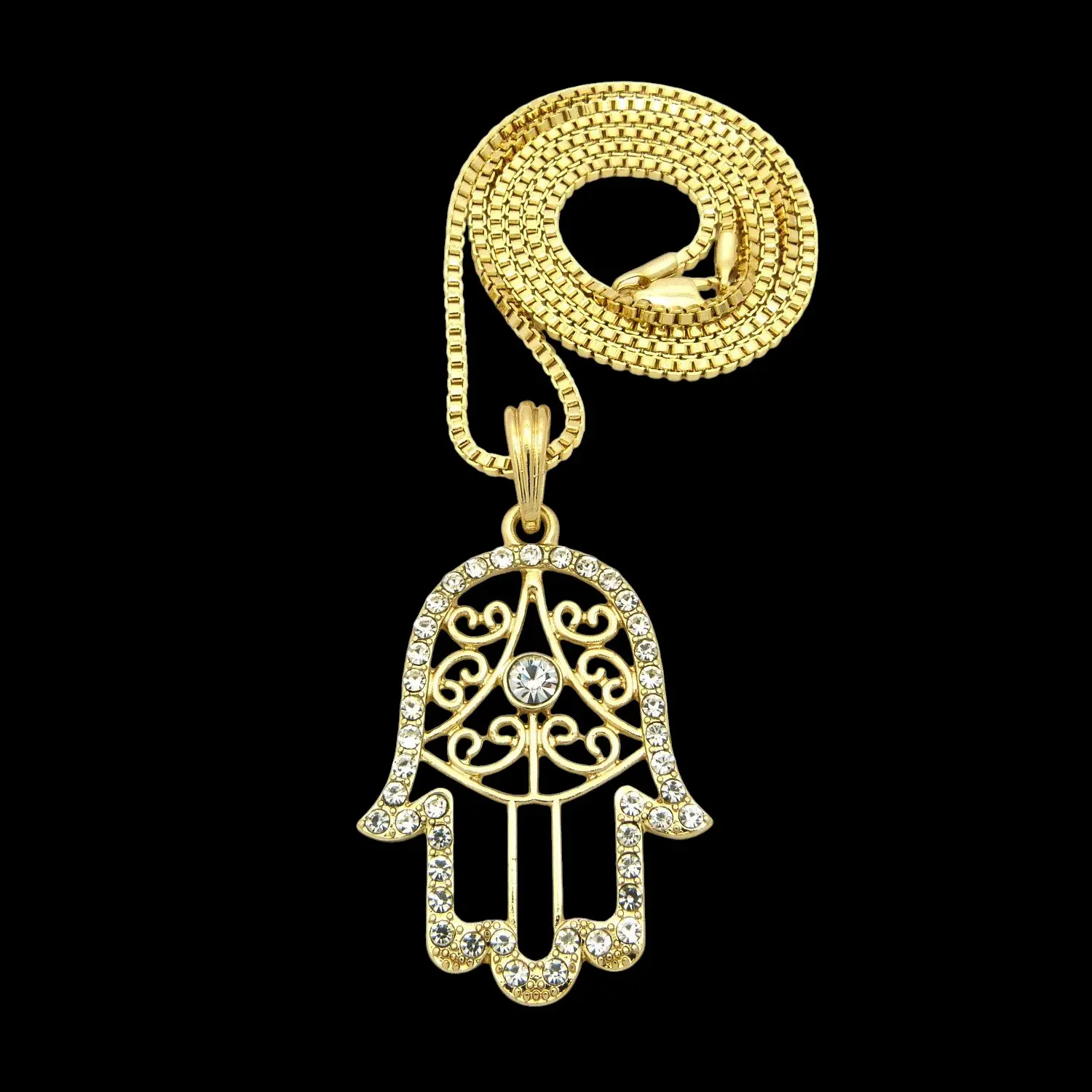 MaxBling81 Hamsa Hand Pendant Necklace - Gold/Silver Plated CZ, 2mm Brass Box Chain, 18-24in Length Options, Celebrity Style Pendant, Polished Look, Style and Elegance Hip Hop Costume Jewelry, Embellished Chain Necklaces, Chain Accent Necklaces