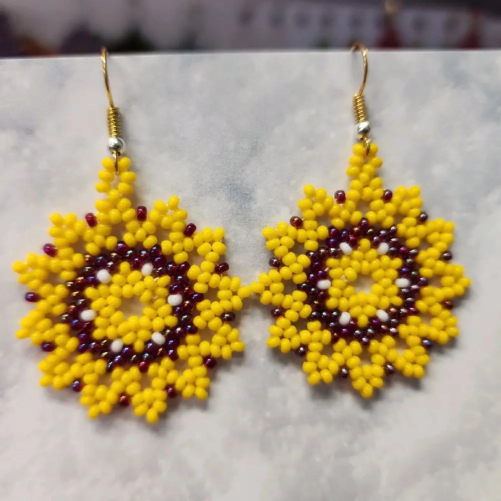 Beaded Yellow  Flowered Earrings with Vibrant Colors and Intricate Design