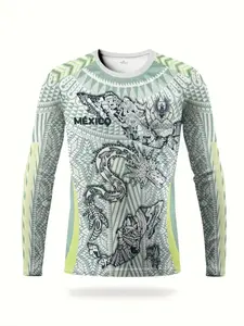 Men's Mexican Special Edition Football Long Sleeve Shirt, Aztec Round Neck Comfortable Sports Top, Maya Civilization Print, Workout Top