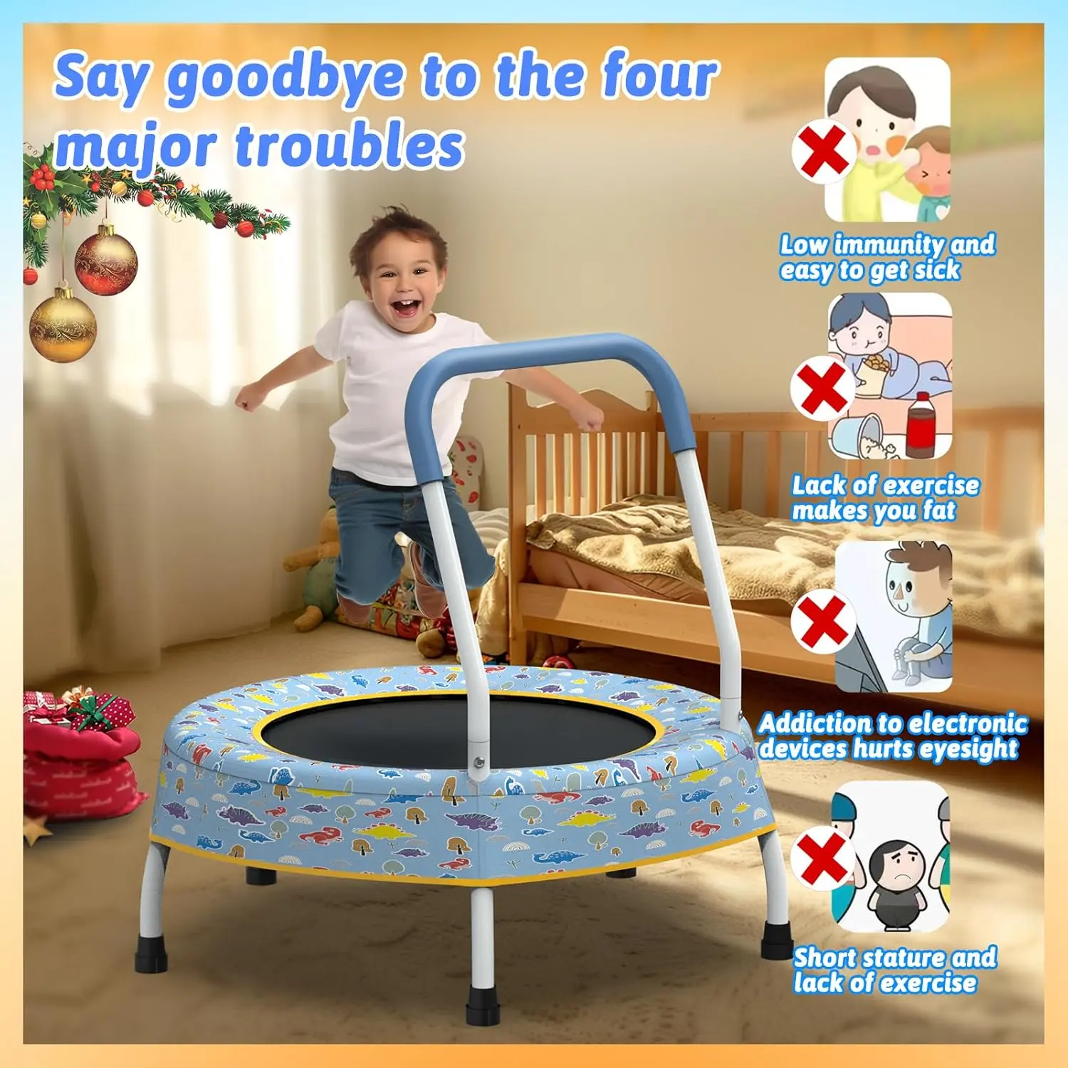 Mersco Toddler Inflatable Trampoline - 28in Diameter, 30in Height Metal Frame, Easy-Grip Handle, Bungee Quiet Jump Cords, Stable Rubber Feet, Safe Durable Indoor/Outdoor Toy for 1-3 Yrs (55 lbs Capacity), Birthdays Holiday Gift