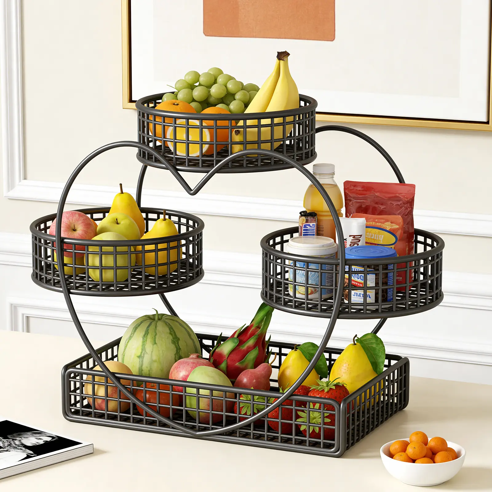 3-Tier Metal Heart-Shaped Fruit Basket Rack - Kitchen Countertop Shelf, Bathroom Organiser, Kitchen Accessories for Fruits & Snacks, Thanksgiving/Mother's Day Decorative Gift with Storage Bag