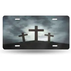 Three Crosses Front License Plate 6x12 – Christian Golgotha Aluminum Vanity Tag for Car Truck SUV – Religious Gift with 4 Holes