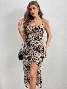 Women's High Slit Plant Print Spaghetti Strap Dress