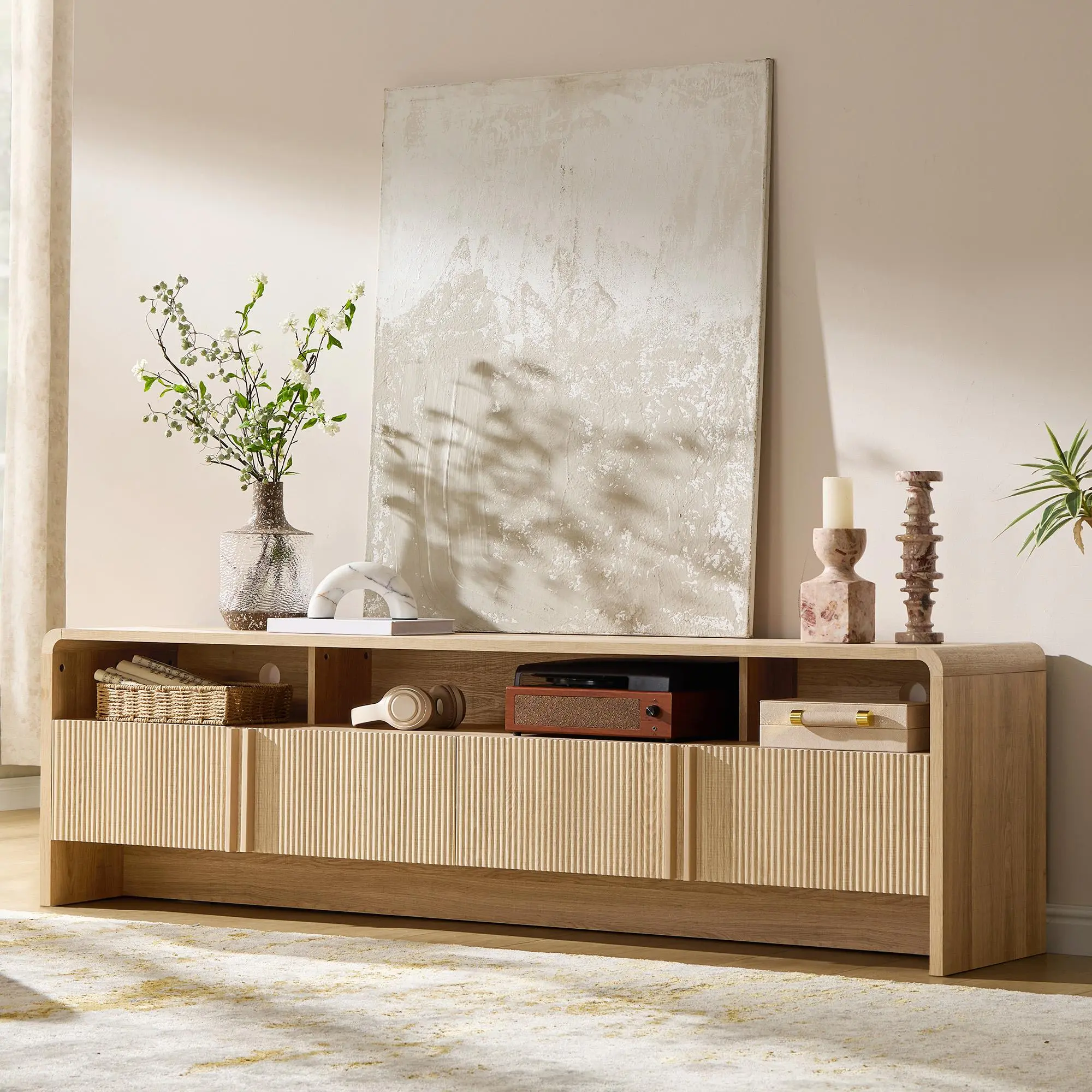 [Summerwins] [SummerFinds] AMERLIFE 70" Modern TV Stand for TVs Up to 80", Wood TV Console with Curved Profile Design & 2 Storage Cabinets, Media Console Entertainment Center for Living Room, Bedroom/Best Gift Ideas/Christmas Gifts