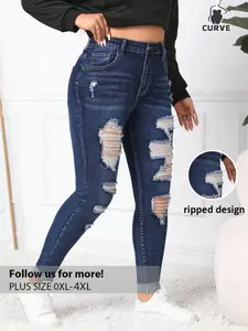 Women's Plus Size Denim Long Pants, High Stretch Skinny Jeans Button, Ripped Design, Y2K Style, Casual Fashion Elegant, Suitable for Spring Summer All Seasons
