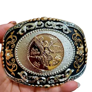 Centenario Belt Buckle Faux Mexican Peso Design with Central Emblem, Rectangular Style, and Decorative Elements, Unisex, Metal, 4.5 x 3.5 Inches black and silver and rosetone