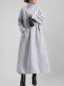Women's Winter Casual High Neck Turtleneck Long Sleeve Knit Dress, Long Loose Fit Dress with Pockets, Comfortable and Stylish, Knitted, Womenswear, Lady