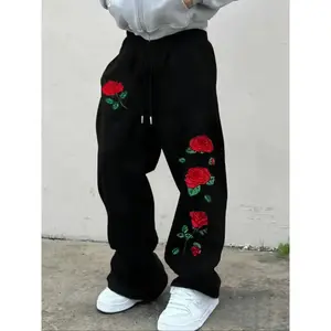Men's casual sports pants, casual street pants, rose pattern print, drawstring wide legs, loose fit, suitable for all seasons, pattern styleRAIMENTRY