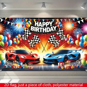 Cartoon Racing Theme Polyester 2D Flat Birthday Decoration Banner, 1pc Red & Blue 180cm×110cm/70.8in×43.3in with Balloon Accents, Festive Room Backdrop for Party Supplies