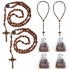Baptism Favor Saint Benedict Handmade Wooden Rosary Beads Catholic Pocket Rosary Christian Prayer Cross for Men Women Gift 4PCS 12PCS Handcrafted Wooden Beads Pocket Rosary with Christian Prayer Cross