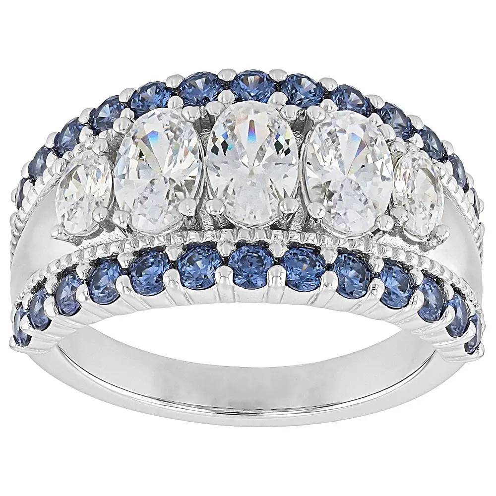 JTV Rhodium-Plated Sterling Silver Ring with 4.40ctw White and Blue Cubic Zirconia