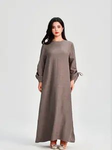 Women's Solid Color Drawstring Long Sleeve Dress, Modest Long Dress for Daily Wear, Ladies Clothes for All Seasons