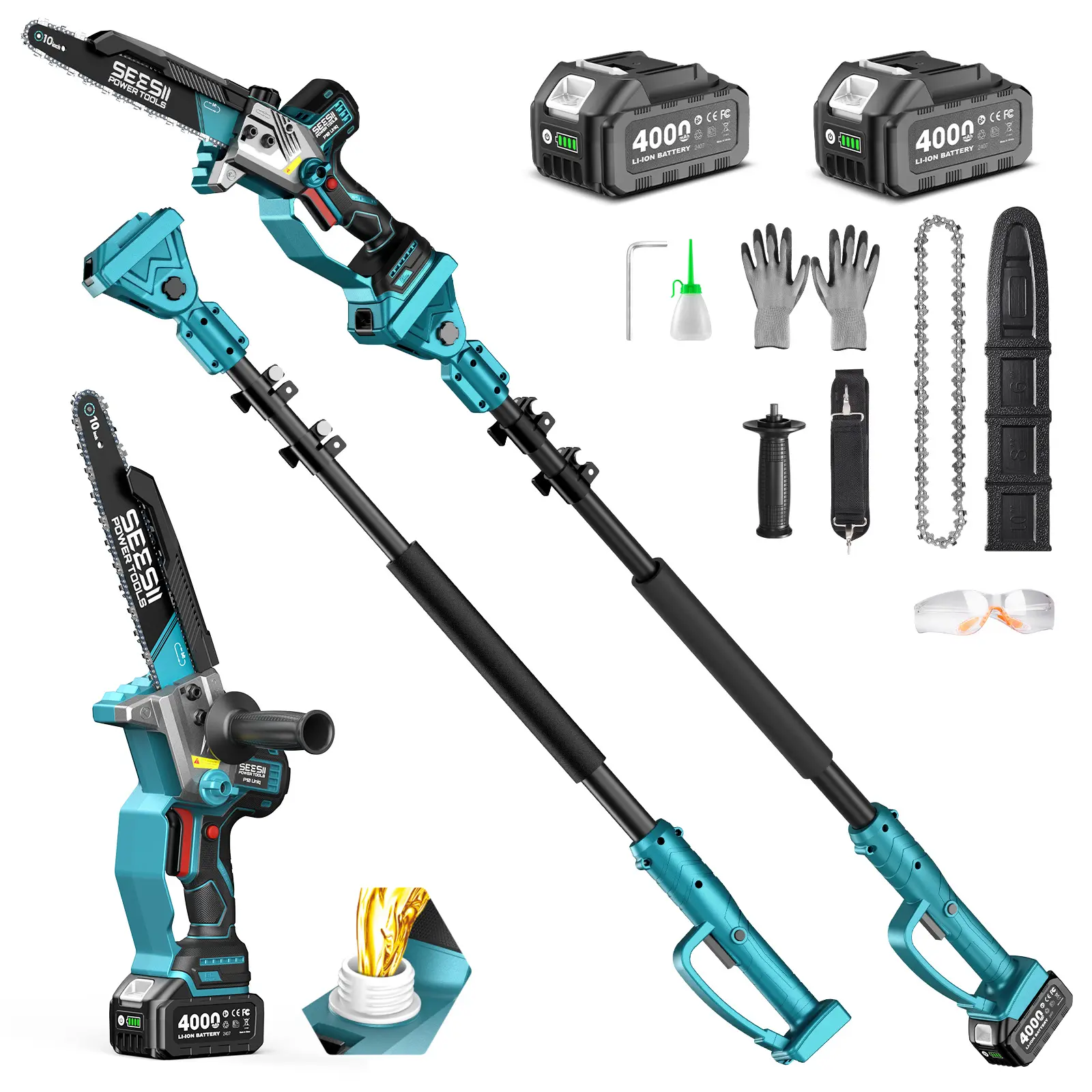 SEESII (10/8)-Inch 2-in-1 Cordless Pole Saw & Mini Chainsaw, 900W Brushless Motor & 2 x 2/4.0Ah 21V Batteries, 16Ft Max Reach & 14 Piece Kit for Tree Trimming P10 Uniq/P8 Ace/P6 Ace CHT11