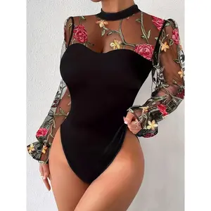 Women’s floral embroidery sheer contrast mesh ruffle-sleeve bodysuit, elegant mock-neck long-sleeve bodycon bodysuit for vacation/holiday, ladies spring & fall clothing, womenswear, floral print bodysuit, skinny bodysuit GARMENTARY